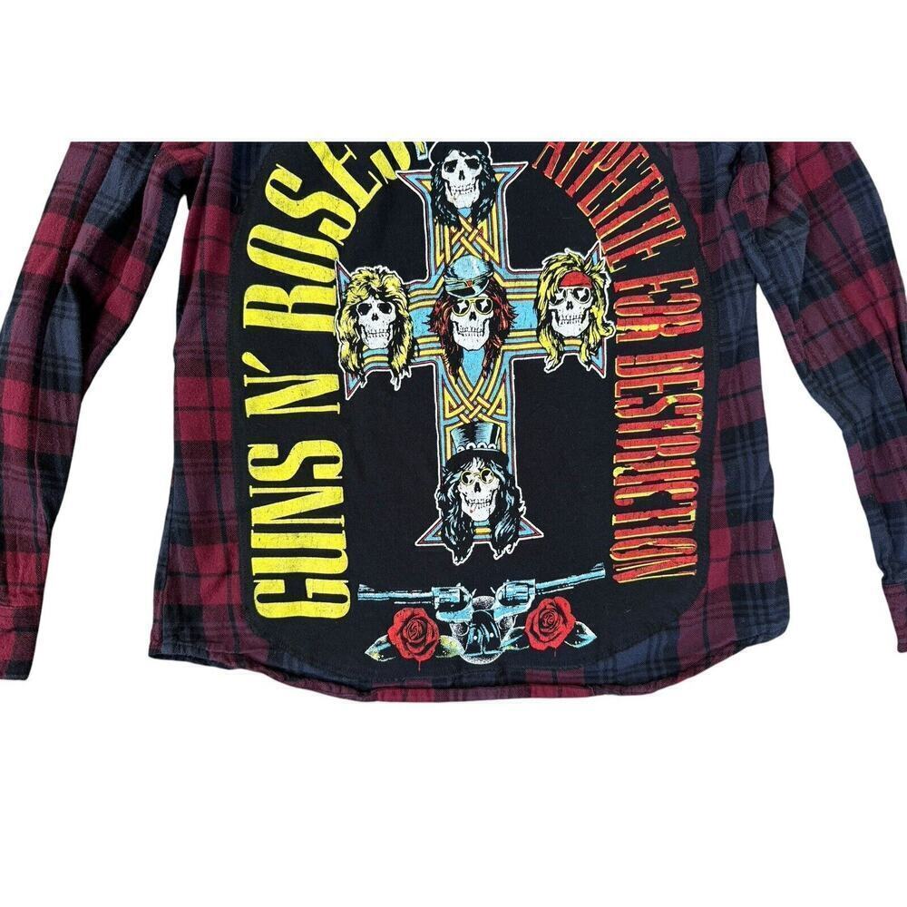 GUNS ‘N ROSES 80s Rock Retro Vintage Upcycled Plaid Hooded Flannel Kids Shirt M - Picture 8 of 11